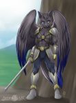  abluedeer anthro blue_eyes canine day feathered_wings feathers female holding_object holding_weapon hybrid mammal melee_weapon navel outside sky solo standing sword weapon wings 