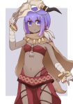  alternate_costume arms_up bandaged_arm bandages bandeau bangle blush bracelet brown_cape cosplay cowboy_shot eyebrows_visible_through_hair fate/grand_order fate_(series) fingerless_gloves flat_chest gloves grey_background hassan_of_serenity_(fate) horn_ornament i.u.y jewelry loincloth looking_at_viewer mask mask_on_head military military_uniform mordred_(fate) mordred_(fate)_(all) mordred_(fate)_(cosplay) naval_uniform navel necklace outside_border purple_eyes purple_hair revealing_clothes short_hair sidelocks simple_background skull_mask smile solo standing stomach tareme true_samadhi_fire uniform white_gloves 