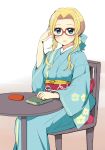  adjusting_hair blonde_hair blue_eyes blue_kimono blue_ribbon blush book chair commentary diana_caprice floral_print fuurin_kingyou glasses hair_ribbon japanese_clothes kimono long_hair looking_at_viewer red-framed_eyewear ribbon sakura_taisen sakura_taisen_v sidelocks sitting solo table 