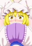  blonde_hair blush commentary covering_face embarrassed eyebrows_visible_through_hair hands_in_opposite_sleeves hands_up hat long_sleeves looking_at_viewer nose_blush pillow_hat pink_background poronegi short_hair solo sweatdrop tabard touhou upper_body wide-eyed yakumo_ran yellow_eyes 