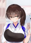  bangs blue_ribbon blurry blurry_background blush breasts brown_hair closed_mouth depth_of_field eyebrows_visible_through_hair flying_sweatdrops hair_tie highres japanese_clothes kaga_(kantai_collection) kantai_collection kimono large_breasts long_hair muneate ninoude_(ninoude44) out_of_frame ribbon side_ponytail sleeve_tug solo_focus tasuki translation_request tsurime upper_body white_kimono yellow_eyes 