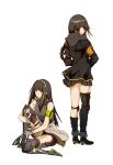  absurdres armband bandana bangs black_hair blonde_hair boots braid brown_eyes brown_hair chinese_commentary clothes_around_waist commentary_request eyebrows_visible_through_hair eyepatch full_body girls_frontline gloves hair_between_eyes headphones highres hood hood_down hooded_jacket jacket jacket_around_waist kato(kato) knee_boots knee_up kneehighs leg_hug long_hair looking_at_viewer looking_back m16a1_(girls_frontline) m4a1_(girls_frontline) mole mole_under_eye multicolored_hair multiple_girls necktie neon_trim scar scar_across_eye sidelocks simple_background single_braid single_kneehigh single_thighhigh sitting standing streaked_hair thigh_strap thighhighs two-tone_hair white_background 