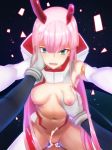  1girl :d aqua_eyes armpits asymmetrical_horns bare_shoulders blush breast_grab breasts broken_horn commentary cowgirl_position cum cum_in_pussy cum_on_body cum_on_lower_body darling_in_the_franxx fangs girl_on_top grabbing hair_between_eyes half-closed_eyes hand_on_another's_face happy_sex hetero highres hiro_(darling_in_the_franxx) horns looking_at_viewer medium_breasts navel nipples oni_horns open_mouth outstretched_arms penis pilot_suit pink_hair pov rbx_lamen sex smile straddling tears teeth vaginal zero_two_(darling_in_the_franxx) 