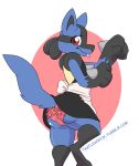  2018 anthro butt camel_toe canine clothed clothing digital_drawing_(artwork) digital_media_(artwork) female fur hi_res looking_at_viewer looking_back lucario mammal nintendo panties pok&eacute;mon pok&eacute;mon_(species) simple_background skirt smile solo text tongue tongue_out underwear video_games white_background ziggy_fox 