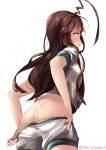  ahoge ass bangs blush breasts brown_hair closed_mouth cowboy_shot dimples_of_venus eyebrows_visible_through_hair from_behind hair_between_eyes huge_ahoge juurouta kantai_collection kuma_(kantai_collection) leaning_forward light_frown long_hair looking_away red_eyes school_uniform shiny shiny_hair shirt short_sleeves shorts shorts_pull simple_background small_breasts solo standing twitter_username undressing very_long_hair white_background white_shirt white_shorts 