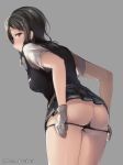  ass black_hair black_panties black_skirt black_vest blush breasts brown_eyes closed_mouth clothes_removed cowboy_shot eyebrows_visible_through_hair from_behind gloves grey_background grey_gloves hair_between_eyes hair_ornament hairclip juurouta kantai_collection leaning_forward long_hair looking_at_viewer looking_back medium_breasts miniskirt nose_blush oyashio_(kantai_collection) panties panty_pull pleated_skirt profile pulled_by_self shirt short_sleeves simple_background skirt solo standing thighs twitter_username underwear upskirt vest white_shirt 