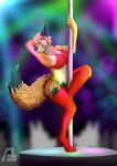  2018 4_toes 5_fingers anthro arvenzo barely_visible_pussy bikini blue_eyes breasts canine clothing dancing female fox fur judy_judith mammal money nipples nude on_one_leg orange_fur panties pole pole_dancing pose pussy solo standing stripper stripper_pole swimsuit toes underwear 