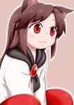 :3 animal_ears blouse blush brown_background brown_hair closed_mouth commentary_request imaizumi_kagerou long_sleeves outline poronegi red_eyes red_skirt simple_background sitting skirt smile solo touhou white_blouse white_outline wolf_ears younger 