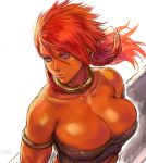  armlet bangs bare_shoulders blue_eyes braid breasts budget_sarashi cleavage closed_mouth collarbone covered_nipples dark_skin earrings floating_hair hair_between_eyes jewelry large_breasts lips long_hair looking_away looking_to_the_side muscle neck_ring nose number original piercing red_hair sarashi shiny shiny_skin shu-mai side_braid simple_background single_braid solo swept_bangs upper_body white_background 