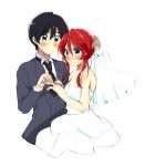  1girl alternate_hairstyle bare_shoulders black_hair blue_eyes blush bridal_veil brown_eyes commentary_request couple dress formal fuurin_kingyou gemini_sunrise hair_up hetero necktie red_hair sakura_taisen sidelocks strapless strapless_dress suit taiga_shinjirou veil wedding wedding_dress white_background white_dress 