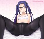  bare_arms bare_shoulders black_legwear bra breasts brown_eyes closed_mouth collarbone crotch_seam ghettoyouth glasses head_tilt highres leaning_back long_hair looking_at_viewer navel oogaki_chiaki panties panties_under_pantyhose pantyhose purple_hair sitting small_breasts smile solo spread_legs thighband_pantyhose tied_hair underwear yurucamp 