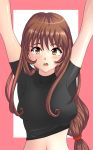 arms_up blush breasts brown_eyes brown_hair collarbone commentary_request erica_fontaine long_hair looking_at_viewer low-tied_long_hair medium_breasts navel open_mouth sakura_taisen sakura_taisen_iii shirt_lift solo wavy_mouth yunico_(yukiroid57) 