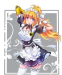  apron badge blonde_hair commentary_request garters iesupa long_hair maid maid_apron maid_headdress mouth_hold prosthesis prosthetic_arm purple_eyes ribbon ribbon_in_mouth rwby sleeve_cuffs solo thighhighs yang_xiao_long 