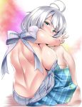  ahoge back backless_outfit bangs bare_shoulders blue_eyes blush bow breasts commentary_request covered_mouth cube_(circussion) dennou_shoujo_youtuber_shiro eyebrows_visible_through_hair from_behind large_breasts looking_at_viewer looking_back shiro_(dennou_shoujo_youtuber_shiro) short_hair sideboob silver_hair sitting skirt sleeveless solo thighhighs v virtual_youtuber white_hair 