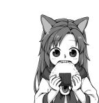  animal_ears biting blouse commentary eating eyebrows_visible_through_hair food greyscale holding holding_food imaizumi_kagerou long_hair long_sleeves monochrome onigiri poronegi simple_background solo teeth touhou upper_body white_background wolf_ears younger 