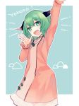  :d animal_ears arm_up bad_id bad_twitter_id commentary_request cowboy_shot dog_ears dress eyebrows_visible_through_hair fang green_eyes green_hair kanitama_(putyourhead) kasodani_kyouko long_sleeves open_mouth pink_dress short_hair smile solo touhou 