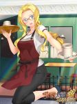  :d apron blonde_hair blue_eyes braid chair coffee_mug cup diana_caprice glasses head_tilt highres holding holding_tray logo long_hair looking_at_viewer mug official_art open_mouth pants plate sakura_taisen sakura_taisen_v sidelocks single_braid smile solo spoon sugar_cube table tray yuasa_tsugumi 