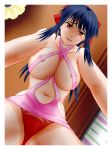  :d areola_slip areolae blue_hair blush border breasts brown_eyes commentary_request covered_nipples dress ka-su-ka-su large_breasts long_hair looking_at_viewer looking_down navel open_mouth panties pink_dress red_panties sakura_taisen sakura_taisen_ii shinguuji_sakura smile solo straddling underwear wardrobe_error white_border 