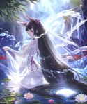  animal_ears backless_outfit bangs bell black_hair blunt_bangs breasts cliff closed_mouth cygames dress flower fox_ears freckles from_behind hair_ribbon highres hisakata_souji hydrokinesis jingle_bell lily_pad long_hair looking_back medium_breasts official_art pink_flower pond purple_ribbon red_eyes ribbon see-through shingeki_no_bahamut shiny shiny_hair skirt_hold solo spider_lily straight_hair tareme very_long_hair wading water waterfall wet wet_clothes wet_dress white_dress 