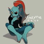  anthro barefoot clothed clothing denim2 eye_patch eyewear female fish hair jeans marine pants ponytail red_hair sitting solo undertale undyne video_games wristwatch yellow_eyes 