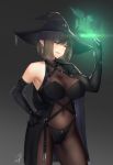  arm_up armpits asymmetrical_clothes belt black_background black_cape black_gloves black_hat blush bodystocking breasts brown_hair cape cleavage covered_navel cowboy_shot earrings elbow_gloves facial_mark fire gloves green_fire hand_on_hip hat hayabusa highres jewelry large_breasts light original parted_lips pointy_ears short_hair signature simple_background single_bare_shoulder skin_tight smile solo standing unbuckled_belt witch witch_hat yellow_eyes 