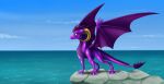  2016 blue_eyes claws day detailed_background digital_media_(artwork) dragon icelectricspyro membranous_wings outside rock scalie sky water western_dragon wings 