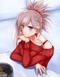  alternate_costume blush chopsticks earrings eyes_visible_through_hair fate/grand_order fate_(series) hand_on_own_chin highres jewelry miyamoto_musashi_(fate/grand_order) nagishy ponytail red_scrunchie red_sweater scrunchie simple_background sitting sitting_on_table spaghetti_strap sweater 