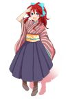  :d blue_bow blue_eyes blush bow commentary_request fuurin_kingyou gemini_sunrise hair_bow hakama japanese_clothes kimono long_hair looking_at_viewer obi open_mouth ponytail purple_hakama red_hair sakura_taisen sakura_taisen_v salute sash smile solo 