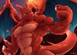  2017 3_fingers abs ambiguous_gender biceps blue_eyes charizard claws horn male muscular nintendo nude outside pecs pok&eacute;mon pok&eacute;mon_(species) red_skin red_theme signature solo video_games volcano waddledox wings 