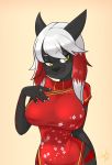  2018 anthro black_eyes black_nose breasts cleavage clothed clothing digital_media_(artwork) female hair mammal simple_background skecchiart smile solo standing white_background white_hair yellow_eyes 