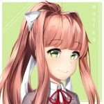  brown_hair character_name commentary doki_doki_literature_club english_commentary eyebrows_visible_through_hair green_background green_eyes hair_ribbon heart heart_in_eye long_hair looking_at_viewer monika_(doki_doki_literature_club) ponytail portrait ribbon sasoura signature simple_background smile solo symbol_in_eye white_ribbon 