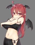  ahoge alternate_costume bare_arms bare_shoulders bat_wings black_camisole black_skirt black_wings blush body_blush camisole_lift closed_mouth clothes_lift cowboy_shot embarrassed eyebrows_visible_through_hair fangs grey_background head_wings koakuma lifted_by_self long_hair meropantsu navel pleated_skirt raised_eyebrows red_eyes red_hair shiny shiny_hair simple_background skirt solo standing stomach straight_hair strap_slip touhou undressing wings 