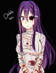  bad_id bad_pixiv_id black_background blood blood_on_face bloody_clothes breasts doki_doki_literature_club english eye_socket flow_ech hair_ornament hairclip injury long_hair looking_at_viewer medium_breasts missing_eye one-eyed open_mouth purple_eyes purple_hair ribbed_sweater simple_background slit_wrist solo sweater texture torn_clothes torn_sweater upper_body very_long_hair yuri_(doki_doki_literature_club) 