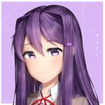  character_name commentary doki_doki_literature_club english_commentary eyebrows_visible_through_hair hair_between_eyes hair_ornament hairclip long_hair looking_at_viewer outline portrait purple_background purple_eyes purple_hair sasoura signature simple_background smile solo white_outline yuri_(doki_doki_literature_club) 