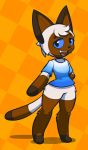  2017 anthro blue_eyes blue_sclera bottomless brown_fur cat clothed clothing digital_media_(artwork) eyebrows fangs featureless_hands feline female fur half-closed_eyes hand_on_hip looking_at_viewer mammal multicolored_fur open_mouth open_smile orange_background pattern_background percy_(teckworks) pose shirt siamese simple_background smile solo standing striped_tail stripes t-shirt teckworks tie-dye white_fur 