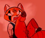  aggressive_retsuko angry anthro anus butt english_text female legs_up mammal open_mouth pussy pussy_juice red_panda red_theme retsuko samoyena sanrio solo text tongue tongue_out white_eyes 
