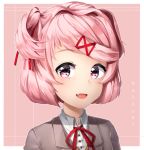  :d character_name commentary doki_doki_literature_club english_commentary eyebrows_visible_through_hair fang hair_ornament hair_ribbon hairclip heart heart_in_eye looking_at_viewer natsuki_(doki_doki_literature_club) open_mouth outline pink_background pink_eyes pink_hair portrait red_ribbon ribbon sasoura short_hair signature simple_background smile solo symbol_in_eye two_side_up white_outline 