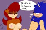  2016 blush breasts chipmunk cum cum_on_breasts doppleganger_(artist) english_text eyes_closed female freckles green_eyes half-closed_eyes hedgehog male male/female mammal nude penis purple_background rodent sally_acorn simple_background smile sonally sonic_(series) sonic_the_hedgehog squirrel text 