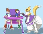  5:4 anthro blue_background canine clothing diaper digimon digital_media_(artwork) dress female footwear group half-awake-jake high_chair hper_diaper human hyper infantilism low_res male mammal renamon shoes simple_background takato_matsuki yin_yang 