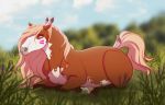  day detailed_background dvixie equine female feral grass green_eyes hair hooves horse lying mammal outside pink_hair sky solo 