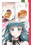  1girl blue_eyes blue_hair cleopatra_(fate/grand_order) close-up closed_mouth comic eating fate/grand_order fate_(series) fork hairband heart highres lasagna_(food) long_hair redrop smile steam translation_request twitter_username 