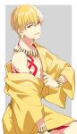  blonde_hair bracelet earrings eyebrows_visible_through_hair fate/stay_night fate_(series) gilgamesh grey_background highres jewelry lock_earrings long_sleeves looking_at_viewer male_focus natsuko_(bluecandy) nipples off_shoulder parted_lips red_eyes simple_background single_bare_shoulder smile solo tattoo wide_sleeves 