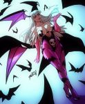  animal_print bangs bat bat_print breasts cleavage commentary demon_girl dutch_angle elbow_gloves english_commentary eyebrows_visible_through_hair feather-trimmed_gloves full_body gloves green_eyes green_hair head_wings highres large_breasts leotard lips long_hair low_wings morrigan_aensland pantyhose pink_gloves print_legwear purple_legwear purple_wings robert_porter skull_print solo strapless strapless_leotard succubus vampire_(game) very_long_hair walking wings 