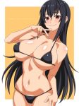  bikini black_bikini black_hair blush breasts cowboy_shot eyebrows_visible_through_hair huge_breasts long_hair looking_at_viewer micro_bikini navel original ra-pen red_eyes smile strap_gap swimsuit very_long_hair 