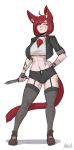  2018 arbuzbudesh breasts christine_delfaux clothed clothing digital_drawing_(artwork) digital_media_(artwork) feline female fierywitherrose fur gloves hair hi_res hot_pants humanoid knife legwear mammal model_sheet piercing scar simple_background solo standing stockings thigh_highs tomboy white_background 