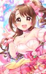  :d balloon bare_shoulders blush bow brown_eyes brown_hair choker commentary_request corsage curly_hair detached_sleeves dress earrings eyebrows_visible_through_hair flower flower_ornament gloves hair_bow hair_flower hair_ornament half_updo happy_birthday highres idolmaster idolmaster_cinderella_girls idolmaster_cinderella_girls_starlight_stage jamu jewelry long_hair looking_at_viewer one_side_up open_mouth pink_bow pink_ribbon puffy_detached_sleeves puffy_sleeves red_ribbon ribbon rose shimamura_uzuki side_ponytail smile solo sparkle sparkling_eyes strapless strapless_dress striped striped_bow striped_ribbon upper_body v wrist_ribbon 