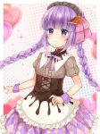  apron bow braid commentary_request corset hair_bow hair_ornament hair_ribbon long_hair looking_at_viewer maid maid_apron maid_headdress purple_eyes purple_hair ribbon shikino_(sikinonono) simple_background smile solo sophie_(tales) tales_of_(series) tales_of_graces twin_braids twintails 