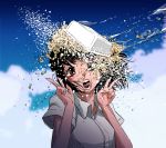  bad_id bad_pixiv_id bamola black_hair brown_eyes cloud cloudy_sky collared_shirt commentary double_v food looking_at_viewer noodles open_mouth original shirt short_hair short_sleeves sky solo translation_request v water white_shirt 