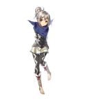  armor armored_dress arms_behind_back barefoot braid feet fire_emblem fire_emblem_heroes fire_emblem_if full_body gloves hair_bun highres kanna_(female)_(fire_emblem_if) kanna_(fire_emblem_if) light_blush looking_at_viewer miwabe_sakura official_art pointy_ears scarf silver_hair smile solo thigh_gap toeless_legwear toes transparent_background 