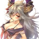  bangs bare_shoulders bikini blush breasts cleavage collarbone commentary draph eyebrows_visible_through_hair flower granblue_fantasy grey_hair hair_between_eyes hair_flower hair_ornament halter_top halterneck highres horns large_breasts long_hair looking_at_viewer naso4 red_bikini red_eyes sailor_collar see-through solo swimsuit thalatha_(granblue_fantasy) upper_body very_long_hair 